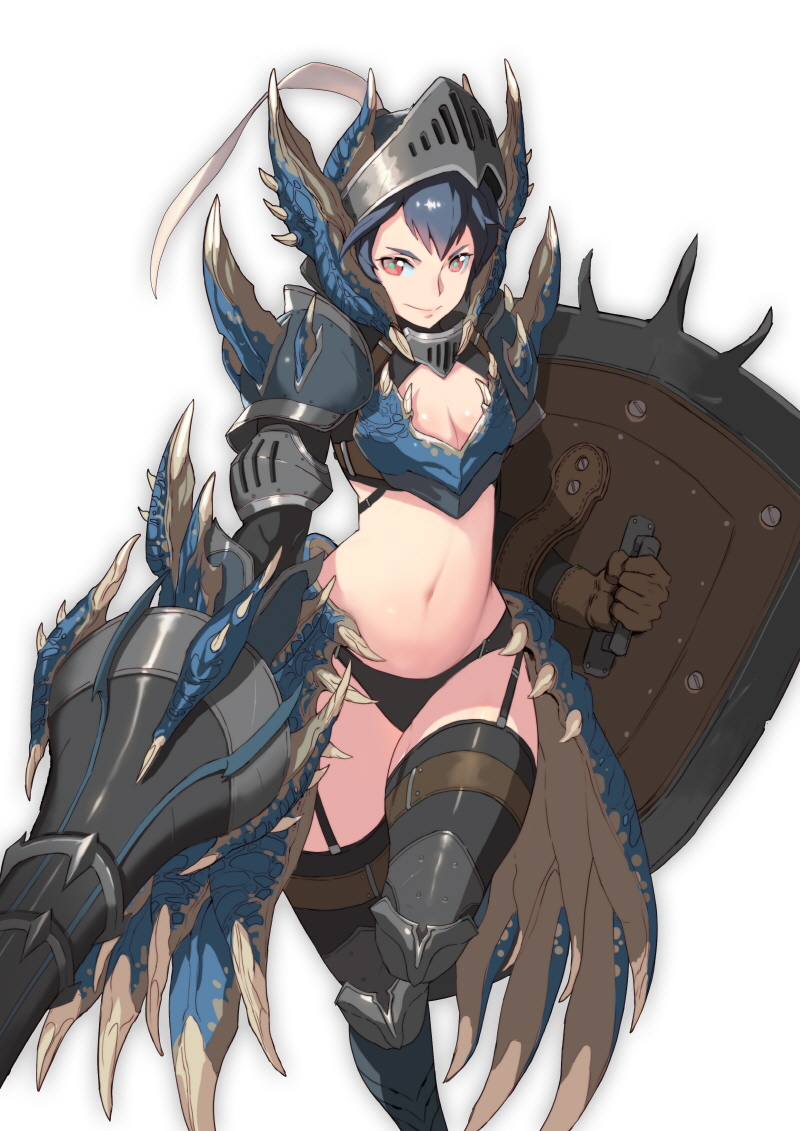 1girl armor armored_boots bikini_armor black_legwear black_panties blue_hair boots breasts brown_gloves capcom cleavage dragon_horns garter_straps gloves greaves helmet hong_soon-jae horns lance looking_at_viewer monster_hunter monster_hunter:_world navel panties polearm red_eyes shield shoulder_armor smile solo spikes standing standing_on_one_leg thigh-highs underwear weapon