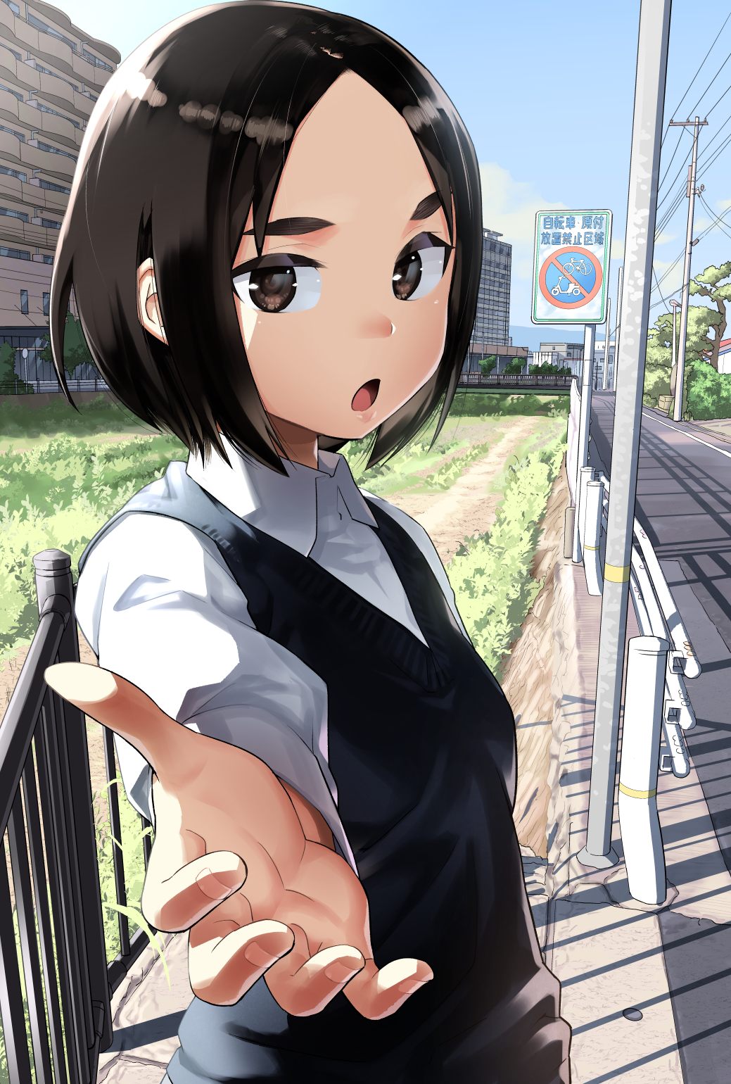 1girl :o bangs black_hair blue_sky blush brown_eyes collared_shirt commentary_request copyright_request day eyelashes forehead grass guard_rail highres looking_at_viewer open_mouth otoi_rekomaru outdoors outstretched_arm parted_bangs railing road road_sign school_uniform shade shiny shiny_hair shirt short_hair sign sky solo street sunlight sweater_vest telephone_pole thick_eyebrows tree upper_body white_shirt wing_collar
