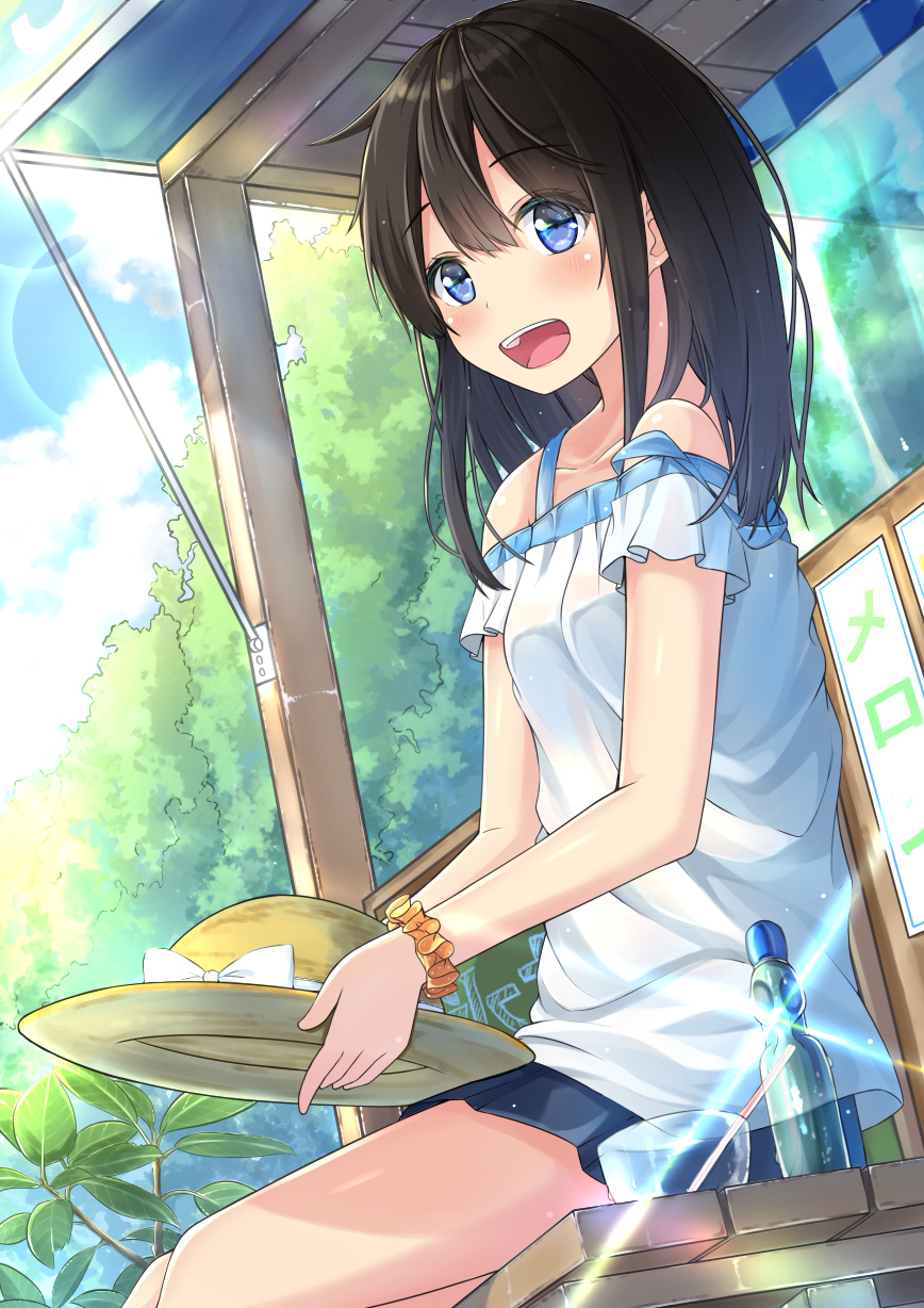 1girl :d bangs bare_shoulders black_hair blue_eyes blue_skirt blue_sky blush clouds cloudy_sky collarbone commentary_request day dutch_angle eyebrows_visible_through_hair hair_between_eyes hat hat_removed headwear_removed highres holding holding_hat long_hair miko_fly moe2018 off-shoulder_shirt open_mouth orange_scrunchie original outdoors pleated_skirt ramune scrunchie shirt sitting skirt sky smile solo strap_slip sun_hat sunlight white_shirt wrist_scrunchie