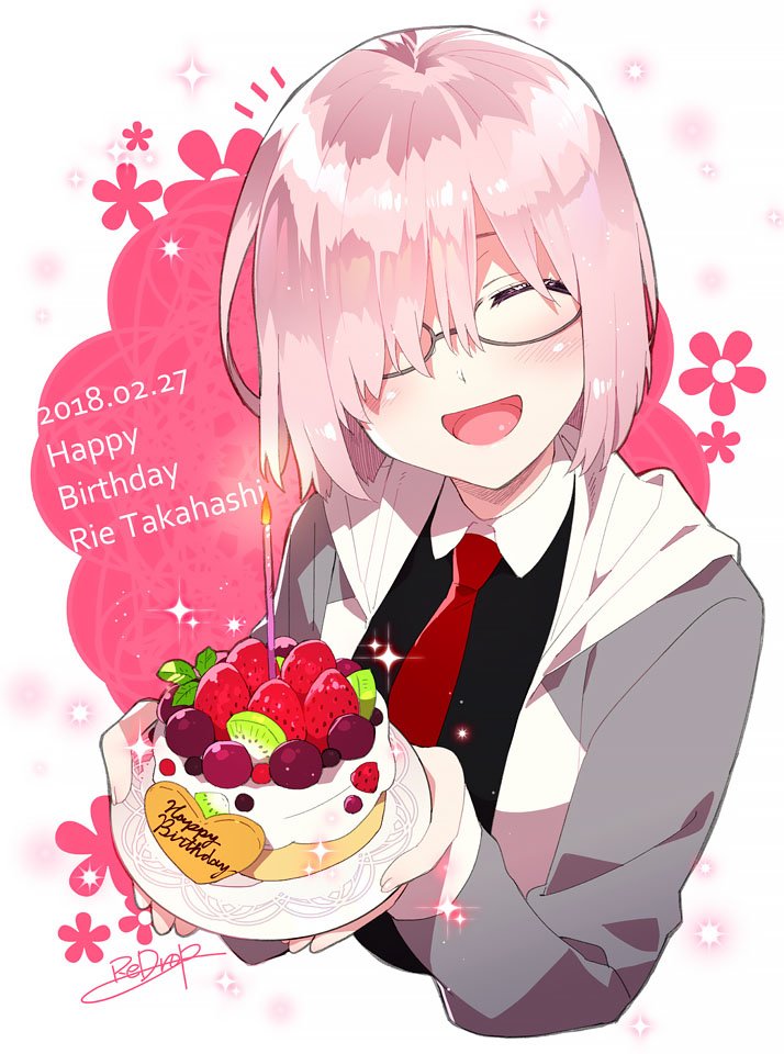 1girl artist_name birthday_cake blush cake closed_eyes commentary commentary_request english fate/grand_order fate_(series) food fruit glasses hair_over_one_eye happy_birthday kiwifruit lavender_hair mash_kyrielight plate redrop strawberry takahashi_rie