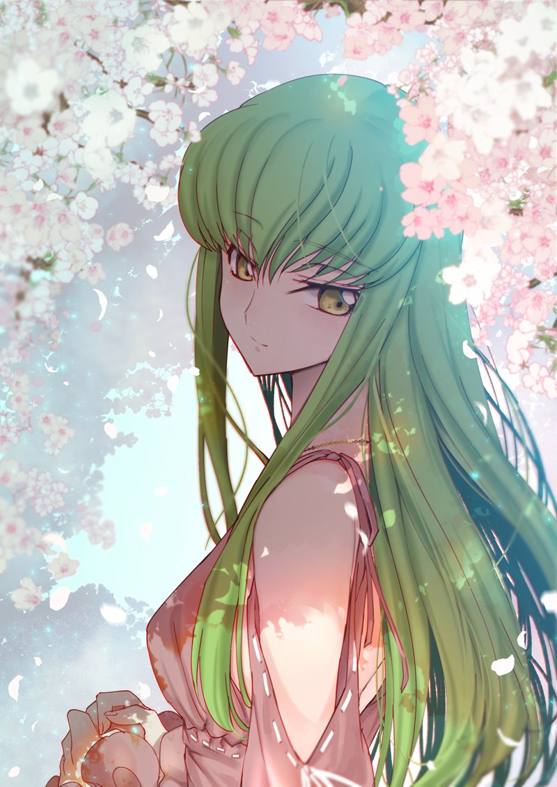 1girl alternate_costume bangs bare_shoulders breasts c.c. casual cherry_blossoms closed_mouth code_geass creayus dappled_sunlight day eyebrows_visible_through_hair flower from_side green_hair long_hair long_sleeves looking_at_viewer looking_to_the_side medium_breasts outdoors petals ribbon_trim shade shoulder_cutout smile solo straight_hair sunlight tsurime upper_body very_long_hair yellow_eyes