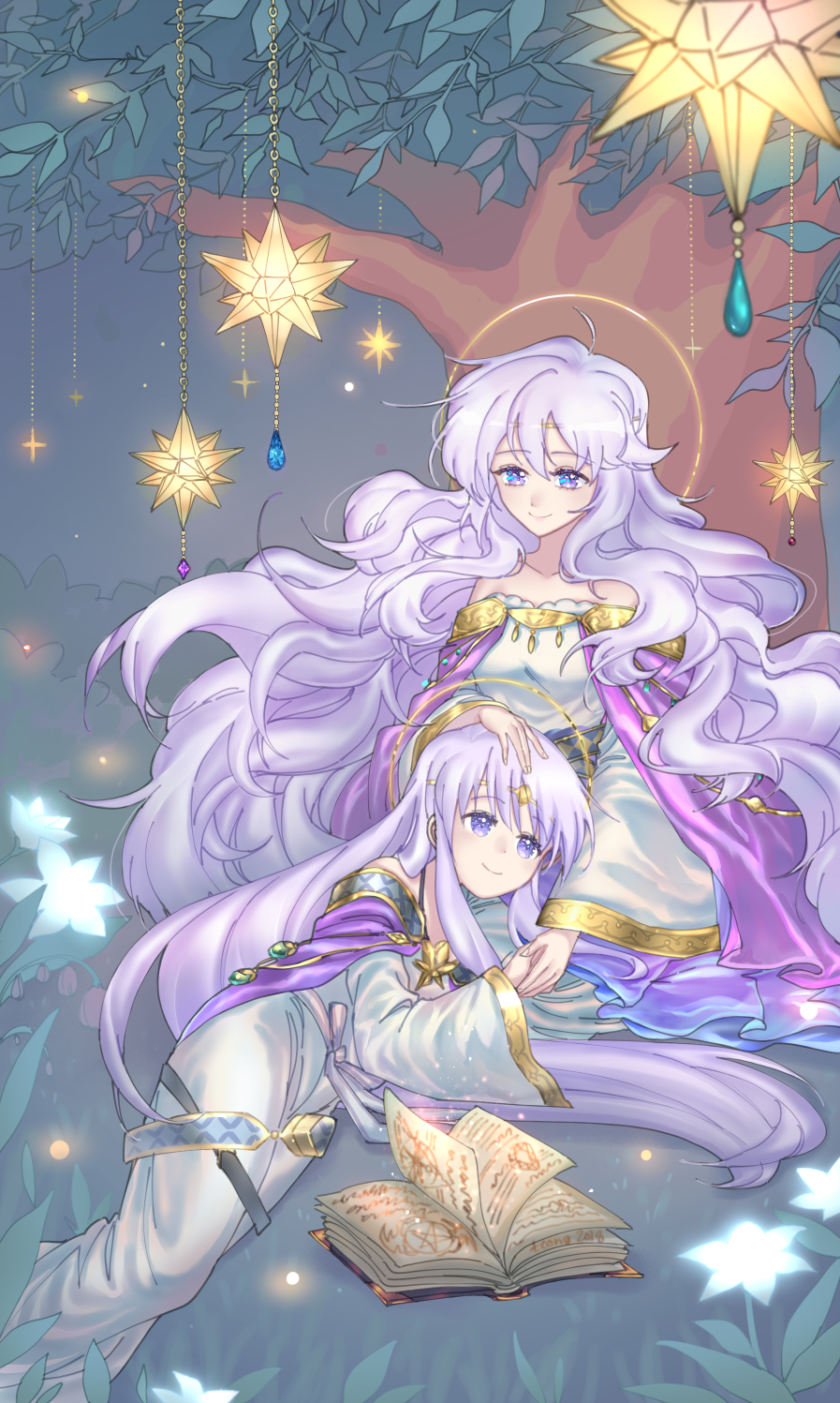 2girls diadora_(fire_emblem) dress fire_emblem fire_emblem:_seisen_no_keifu highres long_hair mother_and_daughter multiple_girls sitting smile tree violet_eyes white_hair yuria_(fire_emblem)