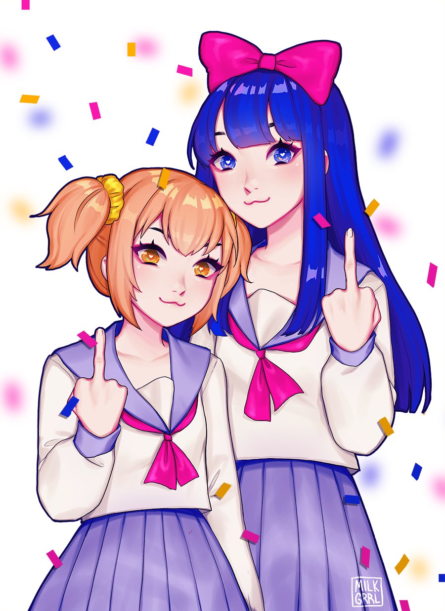1girl :3 arm_at_side arm_up bangs blouse blue_eyes blue_hair blue_sailor_collar blue_skirt bow brown_hair closed_mouth confetti hair_bow hair_ornament hair_scrunchie heart heart-shaped_pupils highres long_hair long_sleeves middle_finger neckerchief pink_bow pink_neckwear pipimi pleated_skirt poptepipic popuko sailor_collar scrunchie shari_cote shiny shiny_hair short_hair short_twintails simple_background skirt solo standing symbol-shaped_pupils twintails white_background white_blouse yellow_scrunchie