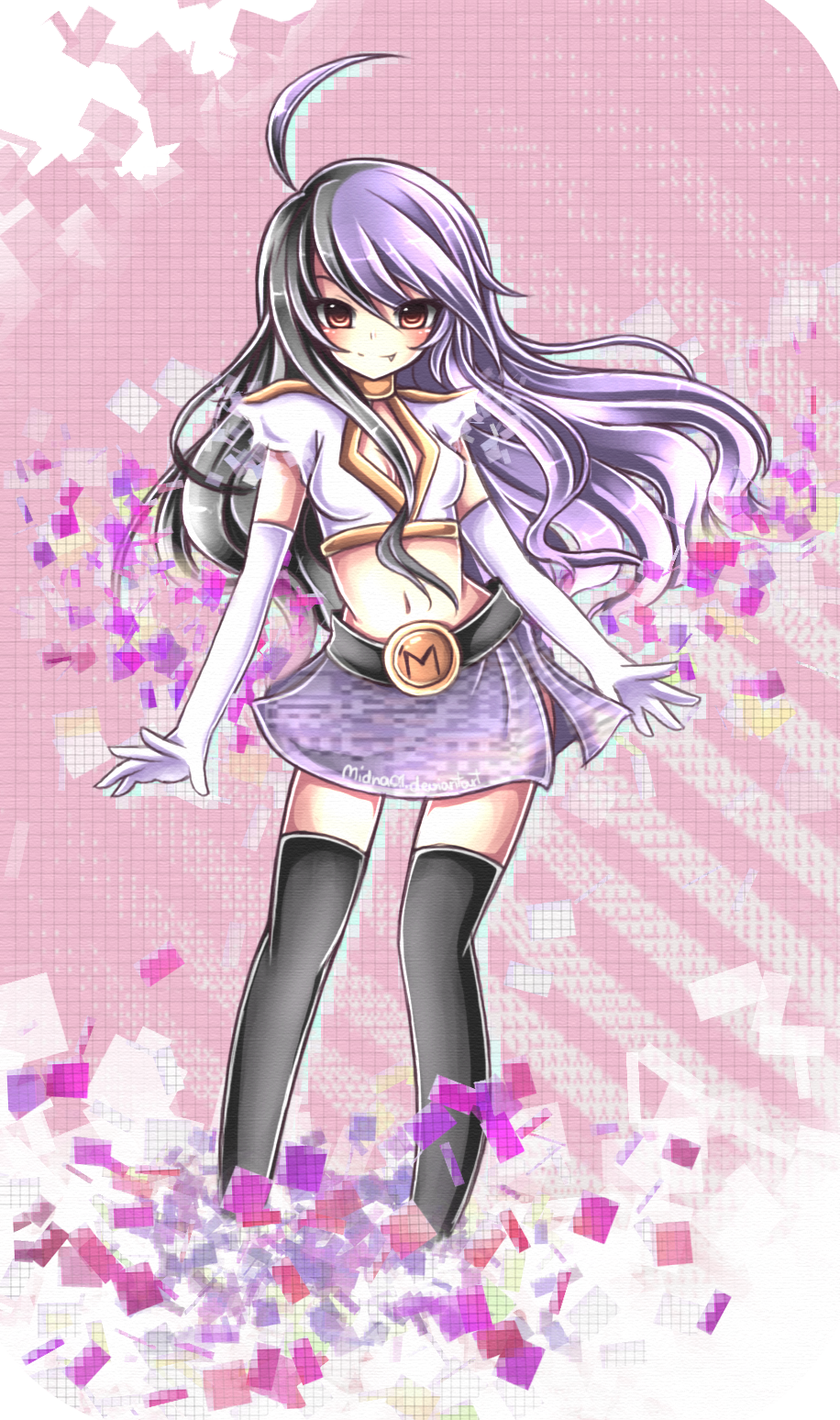 1girl ahoge belt black_footwear blush boots breasts cleavage closed_mouth collar commentary elbow_gloves fang glitch gloves hair_between_eyes highres long_hair looking_at_viewer midna01 midriff miniskirt missingno. navel personification pink_background pokemon pokemon_(game) pokemon_rgby purple_hair purple_skirt shirt skirt smile solo standing thigh-highs watermark web_address white_gloves white_shirt zettai_ryouiki
