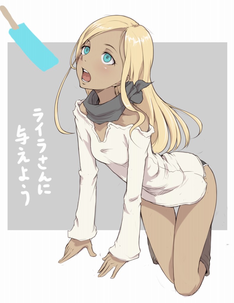 1girl all_fours bare_shoulders black_scarf blonde_hair blue_eyes blush boots dark-skinned_female dark_skin food full_body idolmaster idolmaster_cinderella_girls ina_(gokihoihoi) knee_boots layla_(idolmaster) long_hair long_sleeves off-shoulder_shirt open_mouth popsicle scarf sexually_suggestive shiny shiny_hair shirt solo thigh_gap translation_request two-tone_background white_shirt