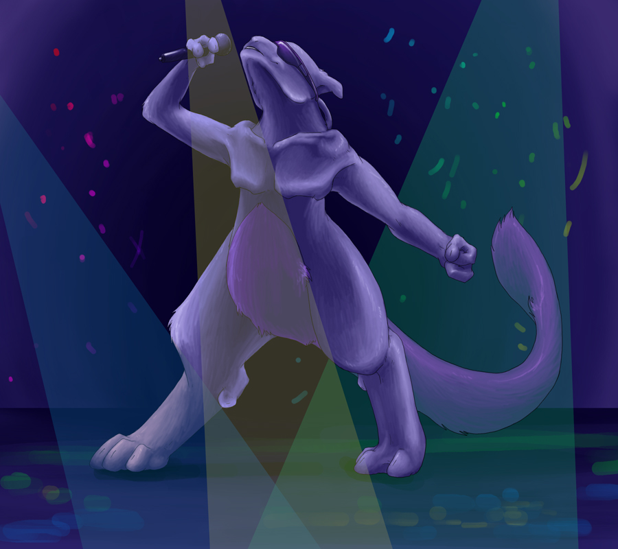 bent_elbow clenched_hand commentary creature endivinity holding holding_microphone legs_apart mewtwo microphone music parted_lips pokemon pokemon_(creature) pokemon_(game) pokemon_rgby singing solo stage standing sunglasses tail