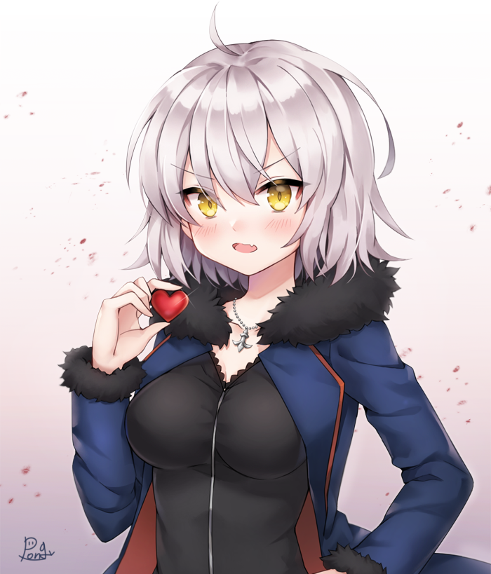 1girl ahoge artist_name blush breasts fate/grand_order fate_(series) gradient gradient_background heart jeanne_d'arc_(alter)_(fate) jeanne_d'arc_(fate)_(all) jewelry looking_at_viewer medium_breasts necklace open_mouth pong_(vndn124) short_hair silver_hair solo upper_body wicked_dragon_witch_ver._shinjuku_1999 yellow_eyes