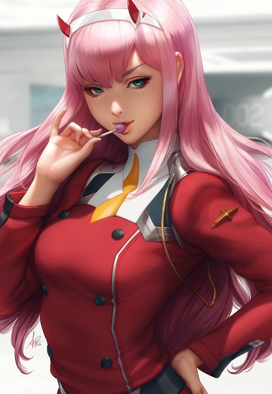 1girl candy darling_in_the_franxx food green_eyes highres horns lollipop pink_hair solo stanley_lau upper_body zero_two_(darling_in_the_franxx)