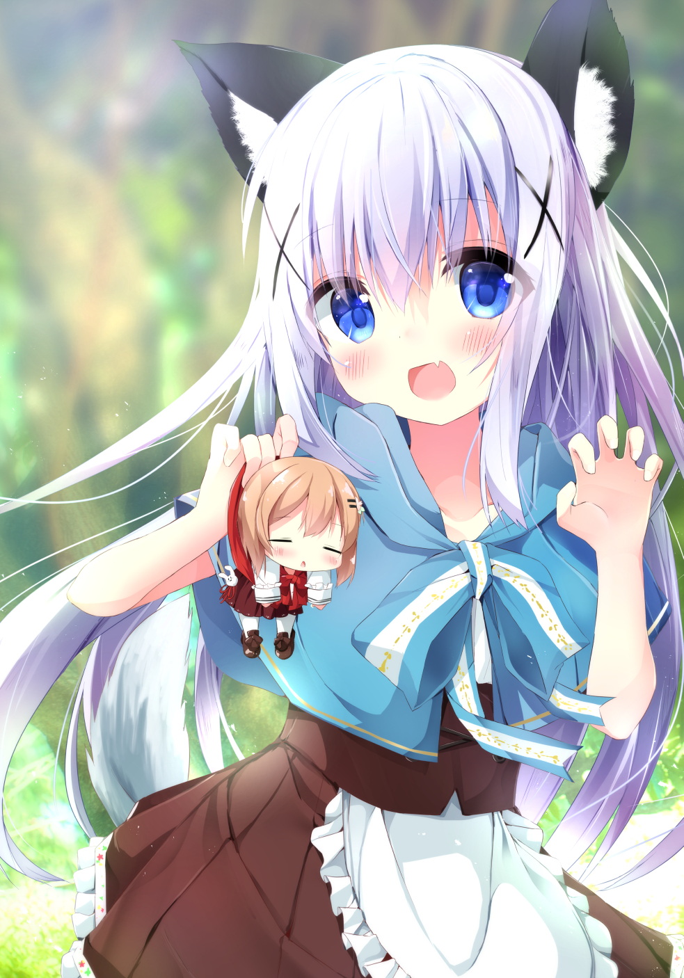2girls :d animal_ears apron bangs blue_capelet blue_eyes blurry blurry_background blush brown_skirt capelet chestnut_mouth claw_pose closed_eyes collarbone commentary_request day depth_of_field eyebrows_visible_through_hair fang frilled_apron frills gochuumon_wa_usagi_desu_ka? hair_between_eyes hair_ornament hairclip highres hooded_capelet hoto_cocoa kafuu_chino kouda_suzu light_brown_hair minigirl multiple_girls open_mouth outdoors parted_lips pleated_skirt purple_hair red_capelet shirt sidelocks skirt smile tail waist_apron white_apron white_shirt wolf_ears wolf_girl wolf_tail x_hair_ornament
