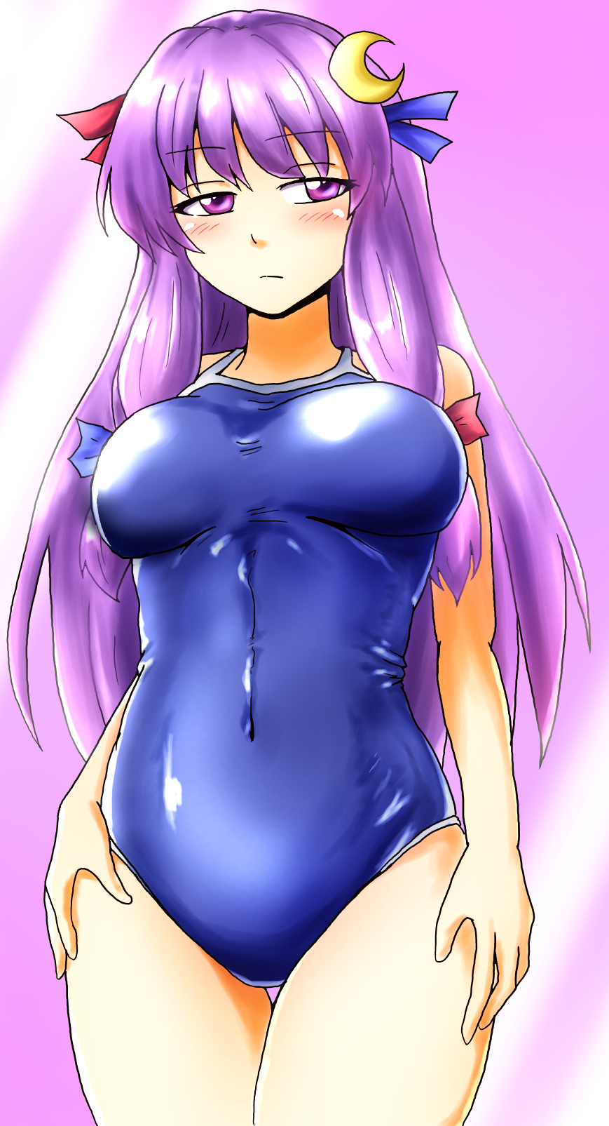 1girl blue_ribbon blue_swimsuit breasts competition_school_swimsuit crescent crescent_hair_ornament d-m_(dii_emu) hair_ornament hair_ribbon hands_on_thighs highres long_hair looking_at_viewer medium_breasts one-piece_swimsuit patchouli_knowledge purple_hair red_ribbon ribbon school_swimsuit solo swimsuit touhou violet_eyes