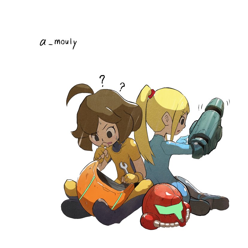 2girls ahoge arms_(game) blonde_hair blue_bodysuit bodysuit brown_hair domino_mask goggles high_ponytail long_hair mask mechanica_(arms) metroid mole mole_under_mouth multiple_girls ponytail samus_aran shiny shiny_clothes short_hair skin_tight smile super_smash_bros. violet_eyes zero_suit