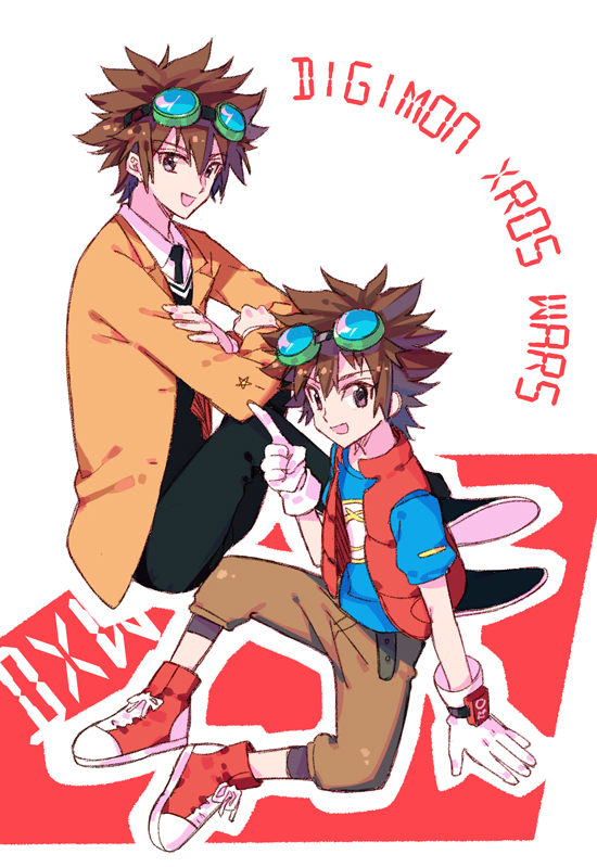 1boy brown_background brown_eyes brown_hair copyright_name digimon digimon_xros_wars gloves goggles goggles_on_head kudou_taiki male_focus necktie open_mouth simple_background sitting solo star xhouz