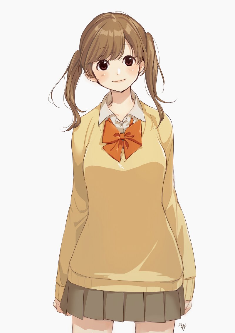 1girl bangs blush bow bowtie brown_eyes brown_hair closed_mouth collared_shirt commentary_request cowboy_shot eyebrows_visible_through_hair grey_background grey_skirt kawai_makoto looking_at_viewer orange_neckwear original pantyhose pleated_skirt shirt signature simple_background skirt smile solo standing sweater twintails white_shirt wing_collar yellow_sweater
