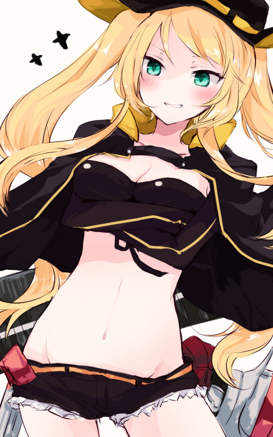 1girl azur_lane bangs black_bikini_top black_coat black_gloves black_shorts blonde_hair blush breasts cleavage coat cowboy_hat cowboy_shot crossed_arms elbow_gloves flight_deck floating_hair front-tie_top gloves green_eyes grin hat hornet_(azur_lane) long_hair looking_at_viewer looking_down navel open_clothes open_coat rigging short_shorts shorts smile solo sotsunaku twintails very_long_hair