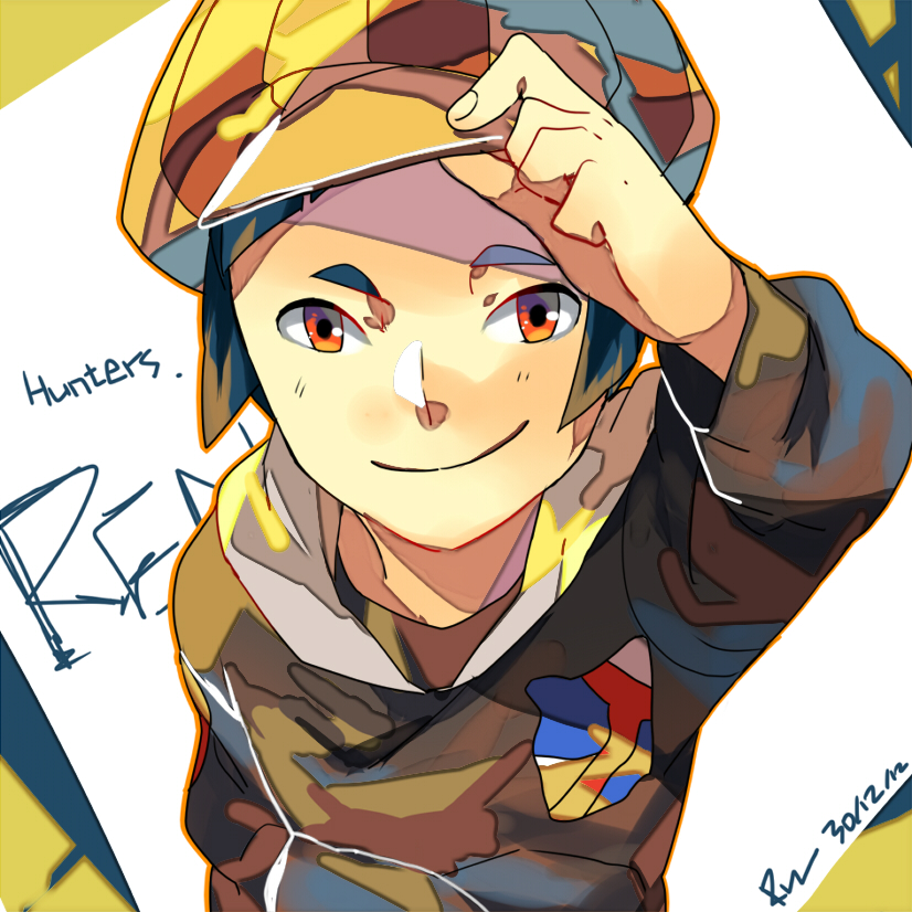 1boy artist_name blue_hair character_name dated digimon digimon_xros_wars hat male_focus orange_eyes portrait reach_(rrrui) simple_background solo tobari_ren white_background