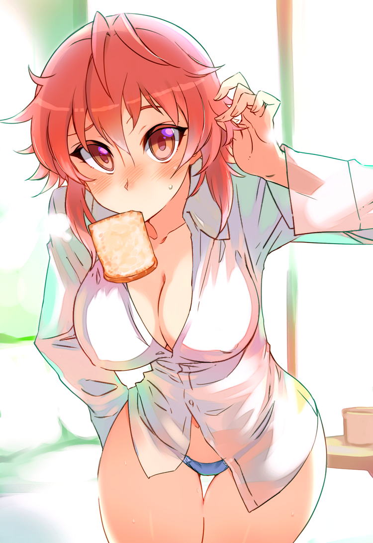 1girl blue_panties blush breasts cleavage day dress_shirt erect_nipples food food_in_mouth indoors kusanagi_tonbo large_breasts leaning_forward looking_at_viewer mitsuru-kun(kusanagi_tonbo) mouth_hold original panties red_eyes redhead shirt short_hair simple_background solo toast toast_in_mouth underwear white_shirt