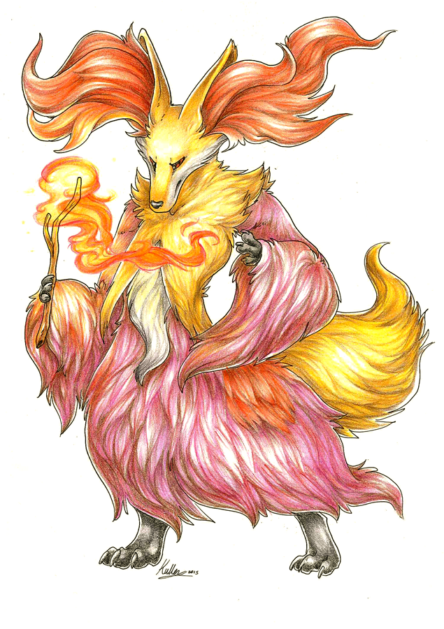 2015 bent_elbows claws closed_mouth creature delphox endivinity fire holding_stick legs_apart looking_at_viewer pokemon pokemon_(creature) pokemon_(game) pokemon_xy red_eyes signature simple_background standing traditional_media white_background