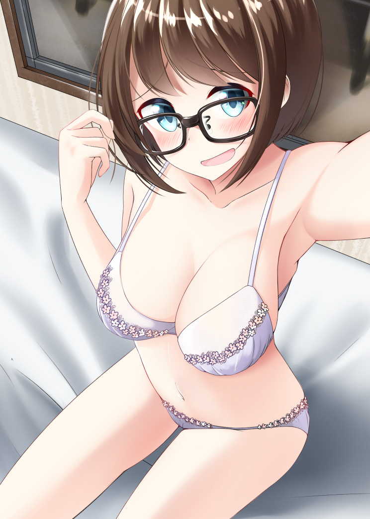 1girl :d bare_arms bare_shoulders bed_sheet black-framed_eyewear blue_eyes blush bra breasts brown_hair cleavage closed_mouth collarbone glasses hand_up head_tilt looking_at_viewer medium_breasts nekobaka open_mouth original outstretched_arm panties self_shot short_hair sitting smile solo underwear underwear_only white_bra white_panties