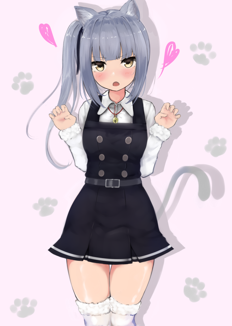 1girl :o animal_ears bangs belt belt_buckle black_dress black_ribbon blunt_bangs blush buckle cat_ears cat_tail claw_pose collar cowboy_shot double-breasted dress eyebrows_visible_through_hair fur-trimmed_legwear fur-trimmed_sleeves fur_trim hair_ribbon hands_up kantai_collection kasumi_(kantai_collection) kemonomimi_mode long_hair long_sleeves looking_at_viewer miyako_(miyako_lplover) open_mouth paw_background pinafore_dress pink_background remodel_(kantai_collection) ribbon shiny shiny_skin shirt side_ponytail solo standing tail thigh-highs thigh_gap thighs v-shaped_eyebrows w_arms white_legwear white_shirt wing_collar