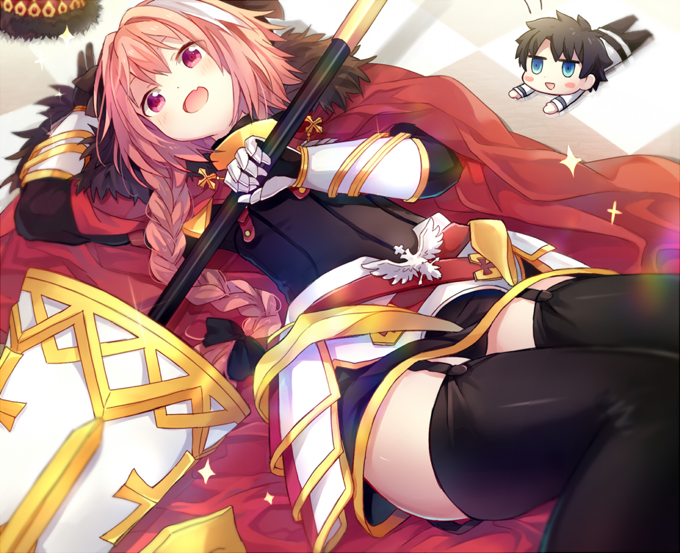 2boys :d arm_up astolfo_(fate) bangs black_bow black_gloves black_hair black_legwear black_panties black_pants black_shirt black_skirt blue_eyes blush blush_stickers bow braid chibi cloak commentary crown_removed dot_nose dutch_angle emblem eyes_visible_through_hair fang fate/apocrypha fate_(series) faulds from_above fur-trimmed_cloak fur_collar garter_straps gauntlets gloves gorget hair_between_eyes hair_bow hair_intakes hair_over_shoulder hand_up happy holding long_braid long_sleeves looking_at_viewer lying male_focus miniskirt multicolored_hair multiple_boys on_back open_mouth panties pants pantyshot pink_hair raised_eyebrows red_cloak shirt short_hair_with_long_locks single_braid skirt smile sparkle streaked_hair thigh-highs trap two-tone_hair underwear violet_eyes white_hair yimu