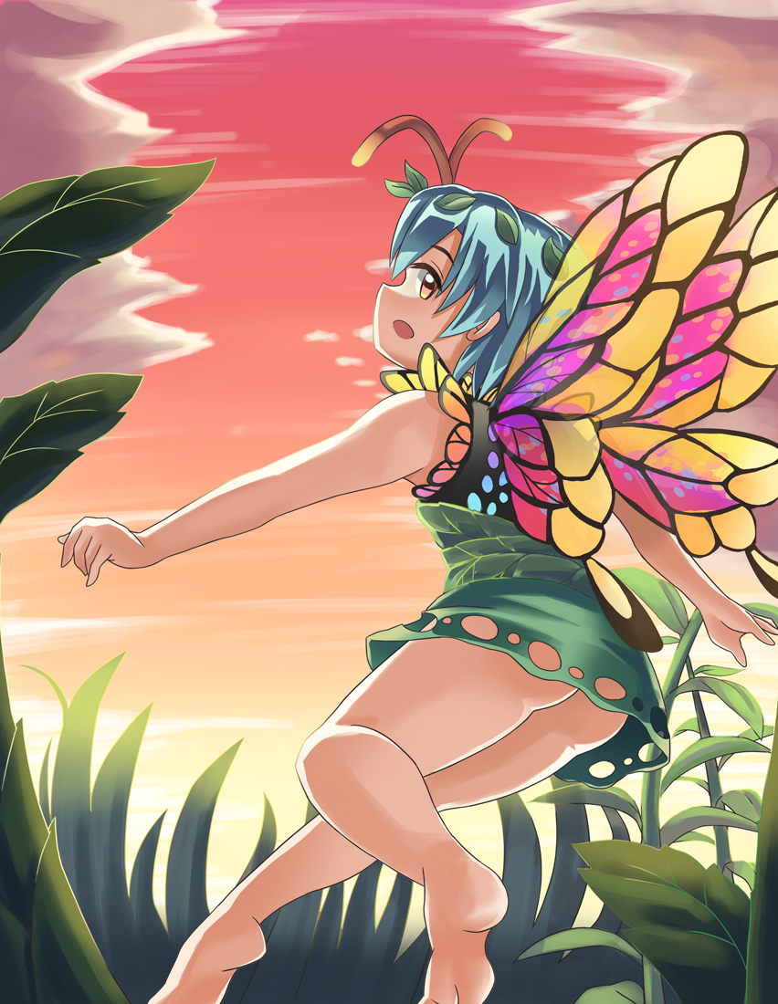 1girl antennae aqua_hair barefoot blue_hair butterfly_wings clouds commentary dress eternity_larva grass green_dress hair_ornament houshiruri leaf leaf_on_head looking_at_viewer looking_back no_panties open_mouth short_hair short_sleeves solo sunset touhou wings yellow_eyes