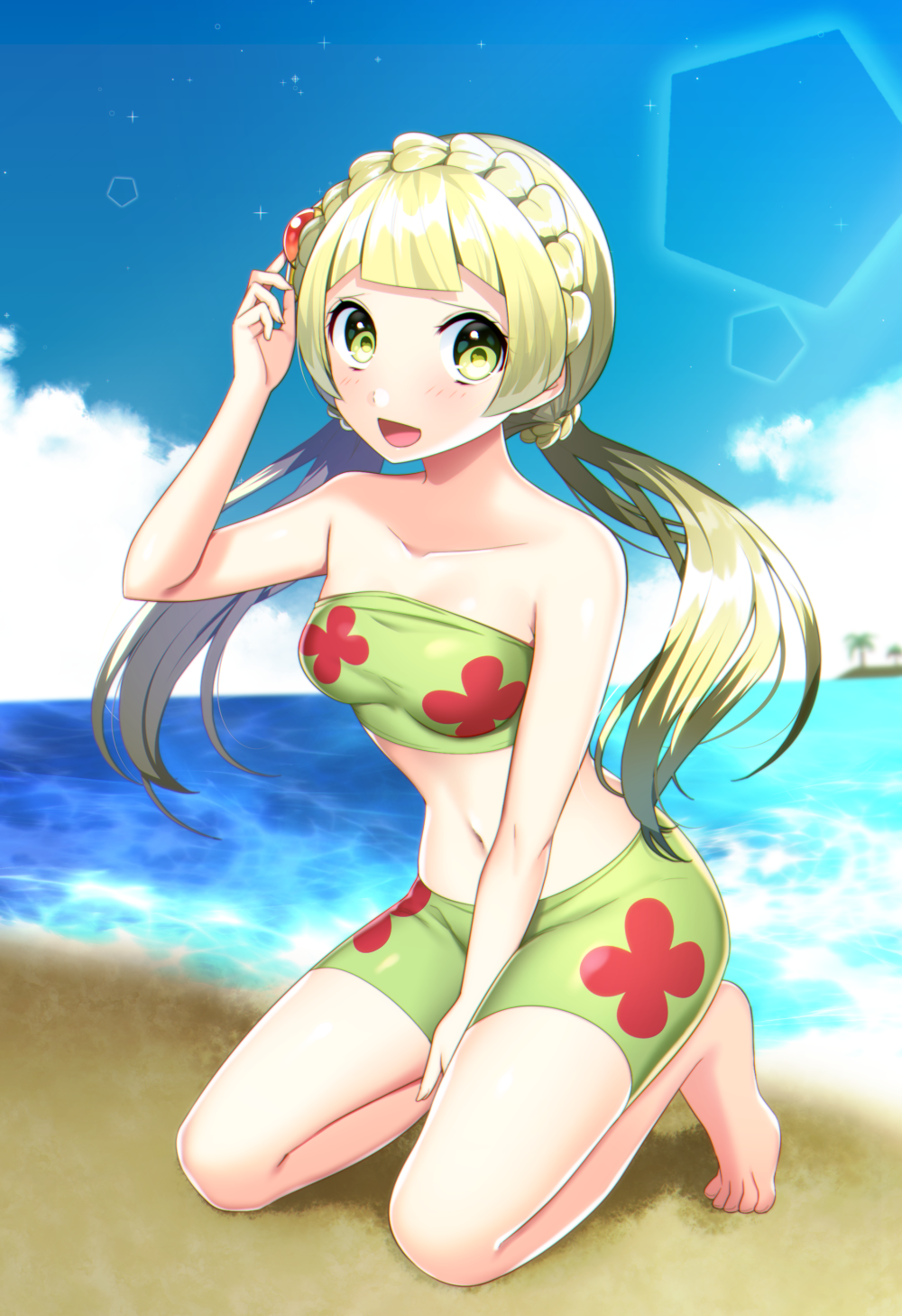 1girl :d barefoot beach between_legs bikini bikini_shorts blonde_hair blue_sky breasts character_request clouds collarbone floral_print green_bikini green_eyes hand_between_legs highres kneeling long_hair looking_at_viewer low_twintails medium_breasts midriff navel ocean open_mouth outdoors pokemon shorts sky smile solo stomach strapless strapless_bikini swimsuit twintails yuihiko