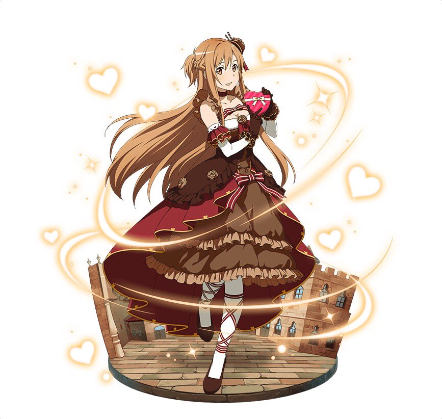 1girl :d asuna_(sao) breasts brown_dress brown_eyes brown_footwear brown_gloves brown_hair cleavage collarbone detached_sleeves dress faux_figurine floating_hair frilled_dress frills full_body gloves heart heart-shaped_box layered_dress leg_ribbon looking_at_viewer medium_breasts open_mouth ribbon simple_background smile solo striped striped_ribbon sword_art_online violet_eyes white_background white_legwear