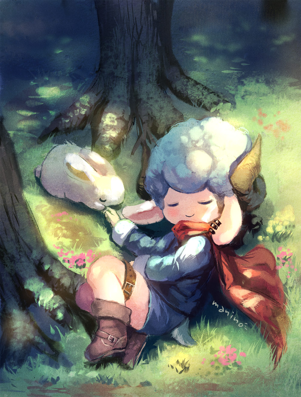 1boy afro animal_ears blue_jacket blue_shorts boots brown_footwear cape closed_eyes closed_mouth commentary_request day ear_piercing flower grass highres horns jacket leg_belt long_sleeves lying male_focus manino_(mofuritaionaka) on_side original outdoors piercing rabbit scenery shorts smile tree under_tree
