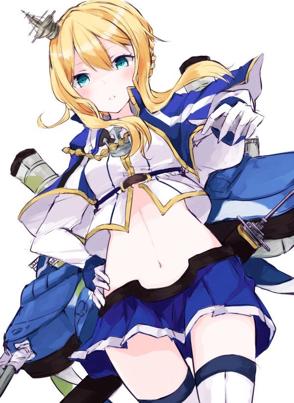 1girl anchor azur_lane bangs blonde_hair blue_skirt blush braid capelet eyelashes floating_hair french_braid gloves green_eyes hair_ornament hand_on_hip looking_at_viewer miniskirt navel outstretched_hand parted_lips renown_(azur_lane) rigging shaded_face skirt solo sotsunaku standing thigh-highs turret white_gloves white_legwear