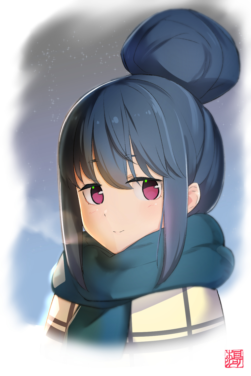 1girl blue_hair blue_scarf blush breath closed_mouth eyebrows_visible_through_hair goemon1110 hair_between_eyes hair_bun highres looking_at_viewer pink_eyes scarf shima_rin smile solo upper_body yurucamp