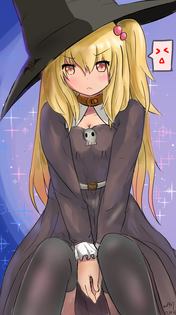 1girl artist_request black_legwear blonde_hair blush collar dress frown highres long_hair one_side_up orange_eyes purple_background skull solo source_request thighhighs witch witch_hat