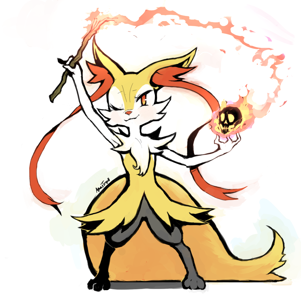 ;) braixen commentary creature fire flaming_skull hexed holding_stick legs_apart looking_at_viewer one_eye_closed orange_eyes pokemon pokemon_(creature) pokemon_(game) pokemon_xy shadow signature simple_background skull smile solo standing white_background