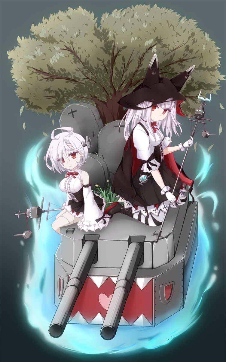 2girls ahoge animal_hat azur_lane bare_shoulders black_hat black_legwear black_skirt bolt boots breasts brown_eyes cannon commentary_request detached_sleeves erebus_(azur_lane) gloves hat heart heart_in_mouth high-waist_skirt highres holding large_breasts long_hair long_sleeves looking_at_viewer medium_breasts multiple_girls pantyhose puffy_short_sleeves puffy_sleeves sharp_teeth shirt short_hair short_sleeves silver_hair skirt sleeveless sleeveless_shirt sleeves_past_wrists stitches striped striped_legwear suspender_skirt suspenders teeth terror_(azur_lane) tombstone torn_clothes torn_hat tree turret white_gloves white_hair white_shirt yamamoto_rintaro