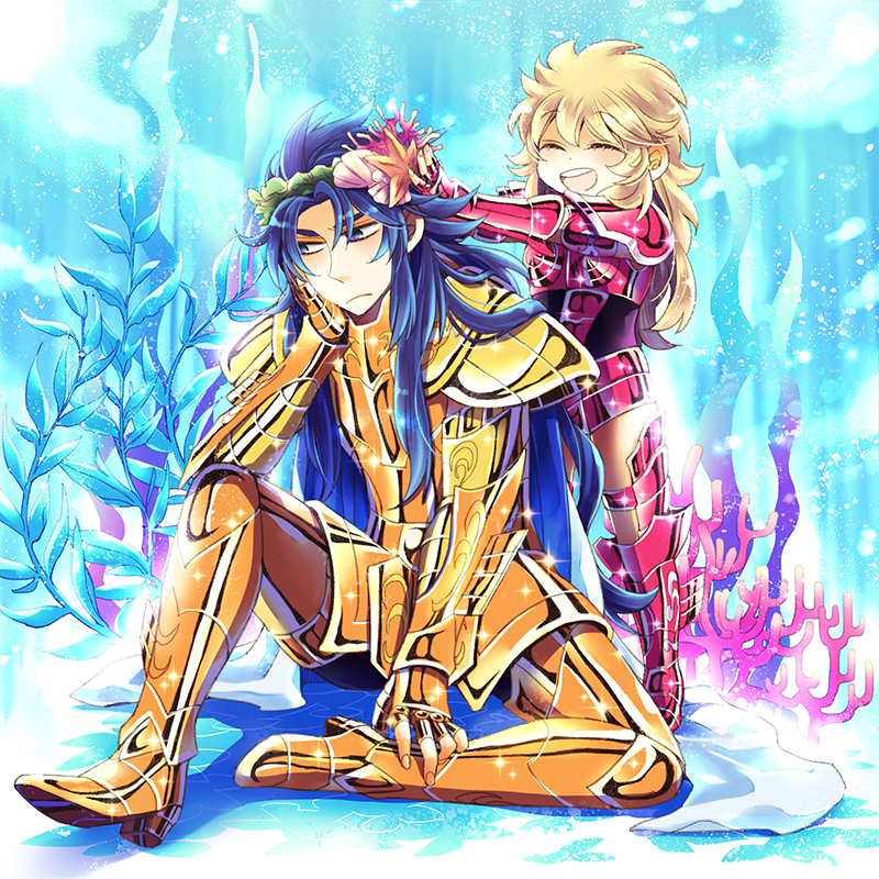 1boy 1girl armor blonde_hair blue_eyes blue_hair cape clam_shell closed_eyes full_armor gemini_kanon long_hair mermaid_thetis saint_seiya shichimiso smile starfish starfish_hair_ornament very_long_hair younger