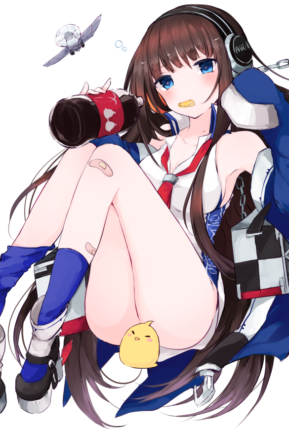 1girl aircraft armpits azur_lane bangs bare_shoulders bird black_hair blue_eyes blue_jacket blue_legwear blush bottle breasts censored character_censor chips cleavage cola collarbone dress eating floating food headphones hime_cut holding holding_bottle jacket long_hair long_island_(azur_lane) long_sleeves looking_at_viewer necktie novelty_censor partially_unbuttoned pink_pupils red_neckwear rigging shirt sleeveless sleeveless_dress sleeveless_shirt socks solo sotsunaku very_long_hair