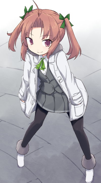 1girl ahoge alternate_footwear alternate_legwear black_legwear brown_hair coat collared_shirt duffel_coat eyebrows_visible_through_hair from_above fur-trimmed_boots fur_trim green_neckwear green_ribbon grey_skirt grey_vest hair_ribbon hands_in_pockets kagerou_(kantai_collection) kakizaki_(chou_neji) kantai_collection leaning_forward legs_apart long_sleeves looking_at_viewer looking_to_the_side neck_ribbon open_clothes open_coat pantyhose pleated_skirt pocket ribbon school_uniform shirt sidelocks skirt smile solo standing twintails vest violet_eyes white_coat white_footwear white_shirt