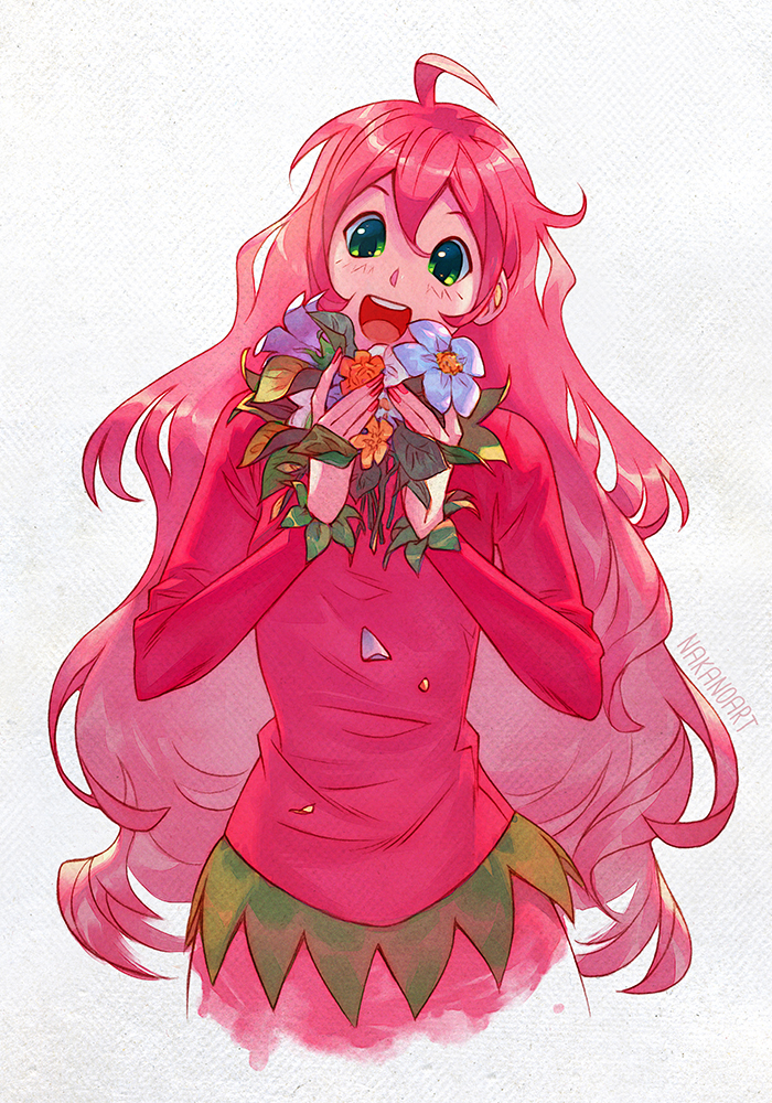 1girl :d ahoge blush borrowed_character bouquet commission flower flower_request green_eyes holding holding_bouquet long_hair long_sleeves looking_at_viewer nail_polish nakanoart open_mouth original pink_hair pink_nails pink_shirt pink_skirt round_teeth shirt skirt smile solo tareme teeth upper_body very_long_hair