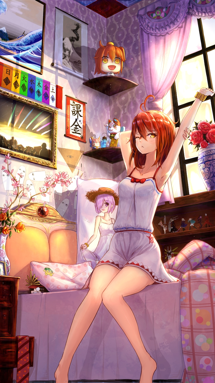 1girl ahoge alphatitus alternate_costume arm_up bow bowtie breasts dakimakura_(object) eyebrows_visible_through_hair fate/grand_order fate_(series) figure flower fujimaru_ritsuka_(female) highres looking_at_viewer necktie on_bed orange_hair painting_(object) pillow scrunchie shirt short_hair sitting sitting_on_bed small_breasts solo window yellow_eyes