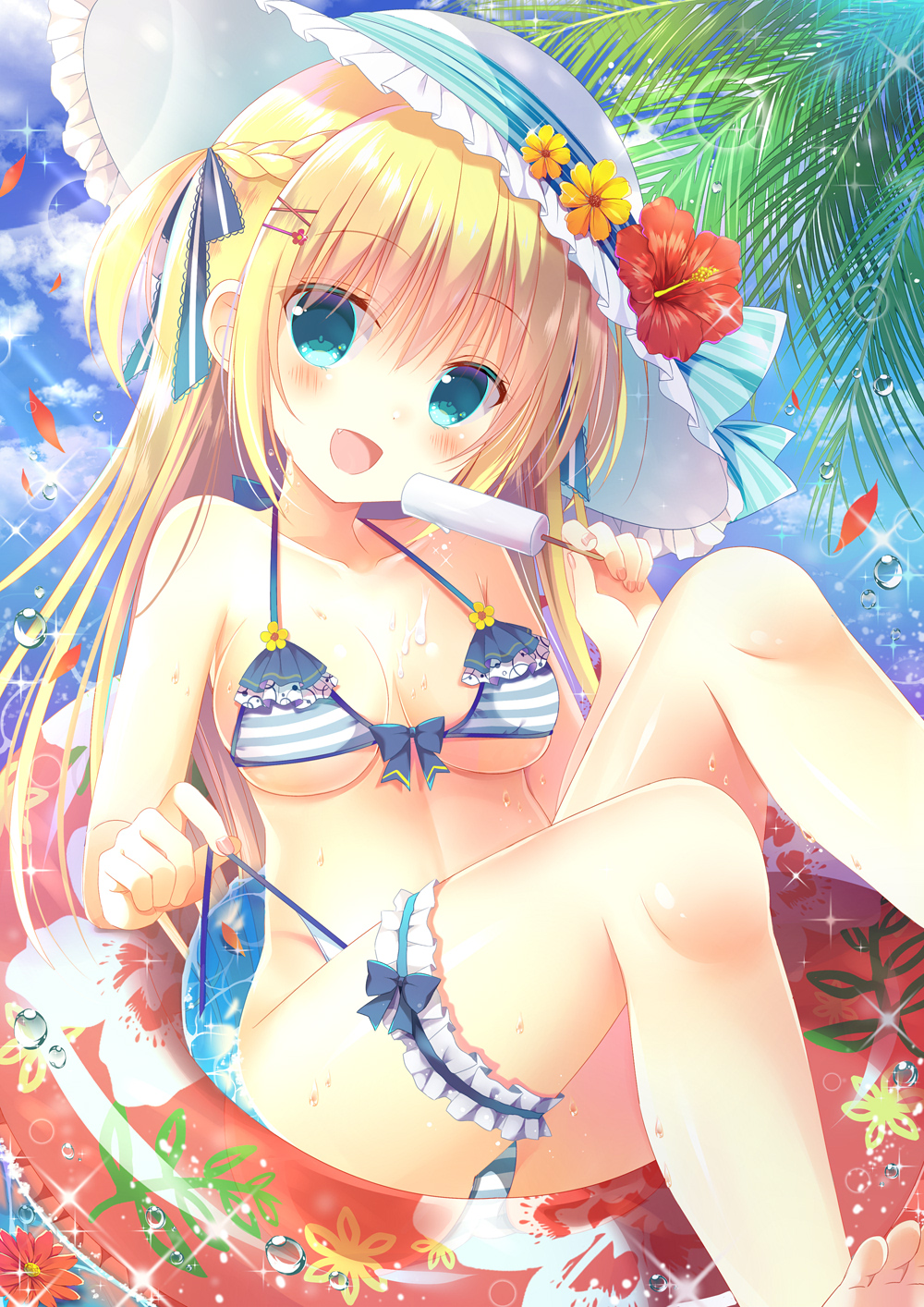 1girl :d bangs bare_arms bare_legs bare_shoulders barefoot bikini blonde_hair blue_eyes blue_sky blush braid breasts cleavage clouds cloudy_sky commentary_request day eyebrows_visible_through_hair fang fingernails flower food frilled_hat frills hair_between_eyes hat head_tilt highres holding holding_food ice_cream innertube leg_garter long_hair medium_breasts moe2018 nail_polish one_side_up open_mouth original outdoors pink_nails red_flower shiiba_nae side-tie_bikini sidelocks sky smile solo sparkle striped striped_bikini sun_hat swimsuit thighs transparent untied untied_bikini very_long_hair water_drop white_hat yellow_flower