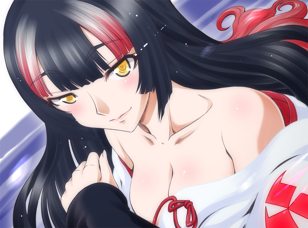 1girl akagi_(aoki_hagane_no_arpeggio) aoki_hagane_no_arpeggio bangs black_hair blunt_bangs breasts cleavage commentary_request kaname_aomame large_breasts long_sleeves looking_at_viewer multicolored_hair off_shoulder open_clothes redhead smile solo upper_body white_hair yellow_eyes