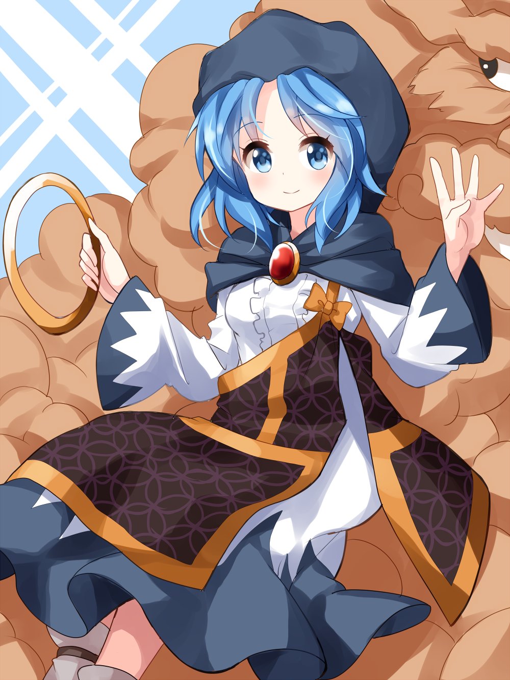 1girl bangs blue_eyes blue_hair bow breasts commentary_request dress eyebrows_visible_through_hair eyelashes feet_out_of_frame hands_up highres holding hood hood_up hoop kesa kumoi_ichirin looking_at_viewer medium_hair parted_bangs ruu_(tksymkw) shoes smile solo_focus touhou unzan white_dress