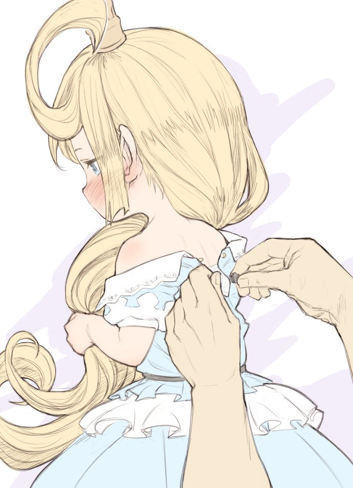 1girl bare_shoulders blonde_hair blue_dress blush charlotta_(granblue_fantasy) crown dress dressing ear_blush from_behind from_side granblue_fantasy harbin holding holding_hair long_hair pointy_ears profile short_sleeves sketch solo_focus very_long_hair walkalone white_background