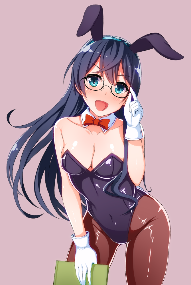 1girl adjusting_eyewear animal_ears black_hair black_leotard book bow bowtie breasts brown_legwear bunnysuit cowboy_shot detached_collar glasses gloves green_eyes interstellar kantai_collection leaning_forward leotard long_hair medium_breasts ooyodo_(kantai_collection) pantyhose purple_background rabbit_ears red_neckwear semi-rimless_eyewear simple_background solo strapless strapless_leotard white_gloves