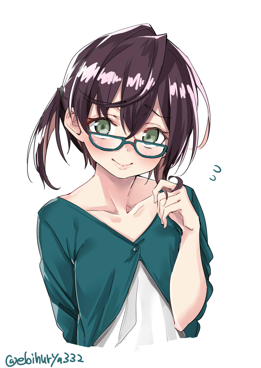 1girl black_hair blouse blue-framed_eyewear brown_hair casual collarbone ebifurya glasses green_blouse green_eyes highres kantai_collection looking_at_viewer multicolored_hair okinami_(kantai_collection) pink_hair short_hair simple_background solo twitter_username upper_body white_background