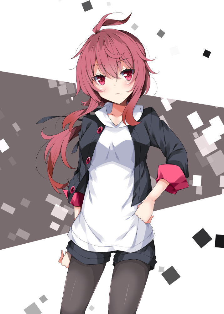 1girl :&lt; ahoge bangs black_jacket black_legwear black_shorts blush breasts closed_mouth commentary_request eyebrows_visible_through_hair fuyou-chan hair_between_eyes hand_on_hip head_tilt jacket long_hair long_sleeves low_ponytail milkpanda open_clothes open_jacket original pantyhose ponytail red_eyes redhead shirt short_shorts shorts sidelocks small_breasts solo very_long_hair white_shirt