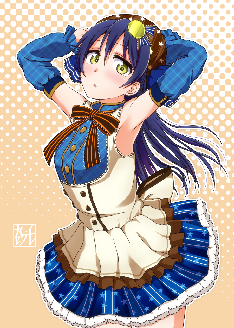 1girl armpits arms_behind_head arms_up bangs blue_hair blush commentary_request cowboy_shot detached_sleeves eyebrows_visible_through_hair hair_between_eyes highres kyuusenbinore_(gavion) long_hair looking_at_viewer love_live! love_live!_school_idol_project open_mouth simple_background skirt smile solo sonoda_umi star yellow_eyes