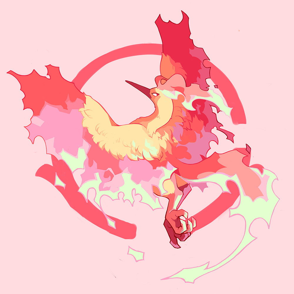 bird fiery_hair fiery_wings full_body moltres pink_background pokemon pokemon_(creature) pokemon_(game) pokemon_rgby red simple_background solo yiq