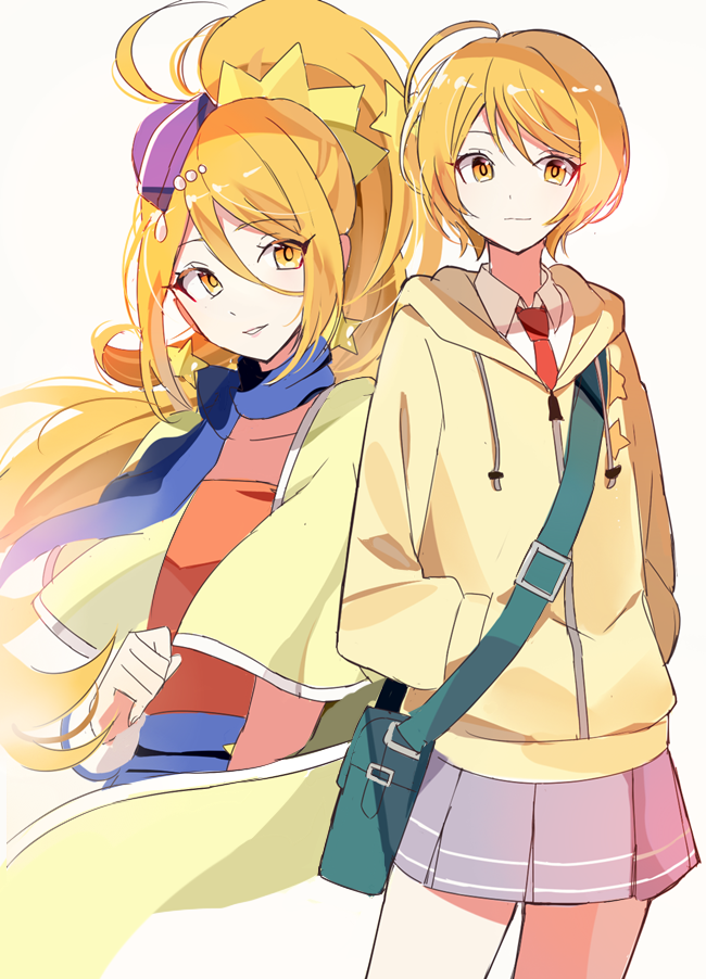 2girls ahoge bag blonde_hair blue_hat commentary_request cure_etoile earrings garrison_cap hair_ornament hands_in_pockets hat hood hooded_jacket hugtto!_precure jacket jewelry joman kagayaki_homare long_hair long_sleeves looking_at_viewer magical_girl miniskirt multiple_girls pleated_skirt precure red_neckwear scarf school_bag short_hair skirt smile star star_earrings star_hair_ornament wrist_cuffs yellow_eyes