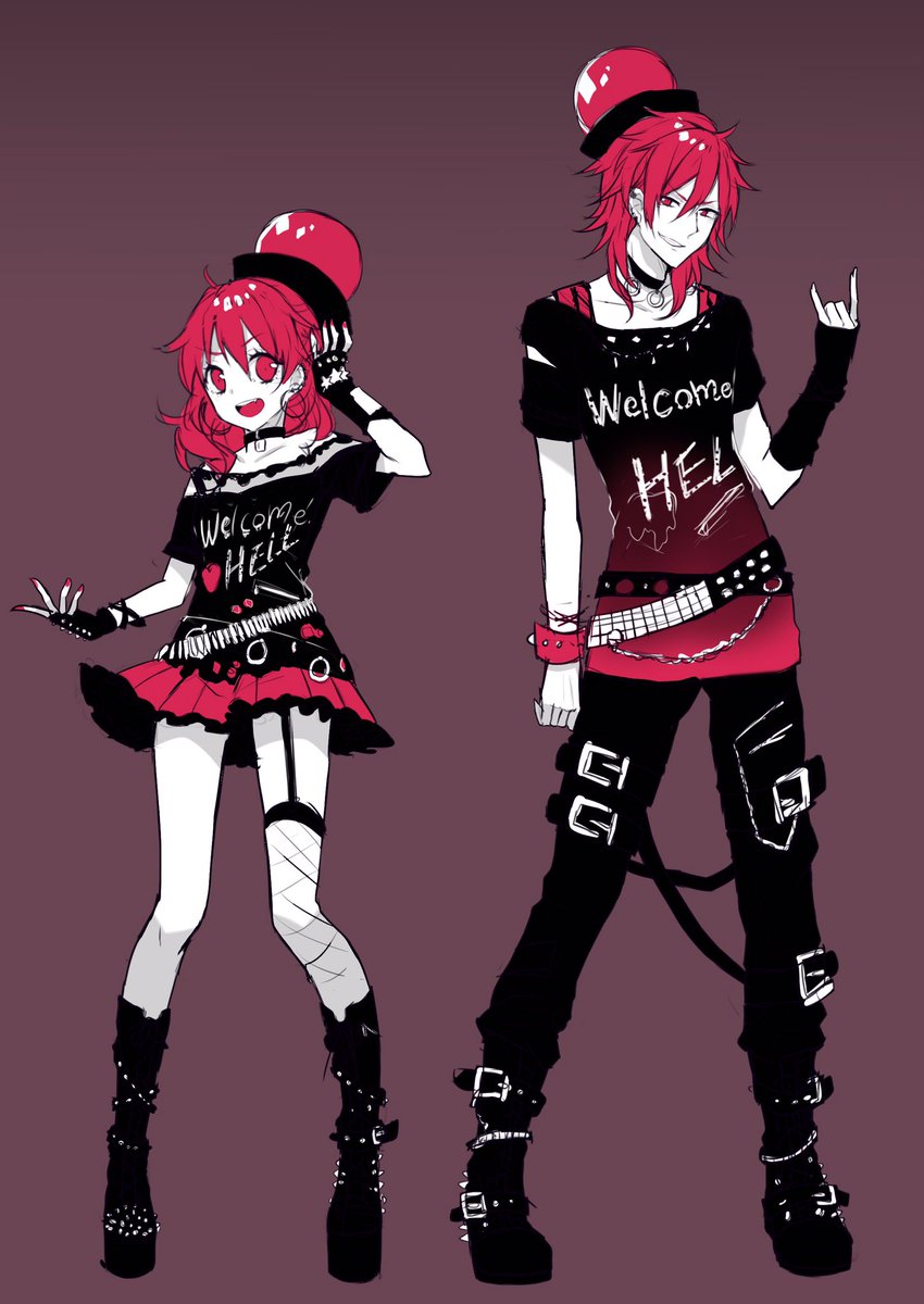 1boy 1girl \n/ belt belt_buckle black_footwear black_gloves black_hat black_shirt boots buckle chains choker clothes_writing collarbone dual_persona earrings english fingerless_gloves fishnets frilled_skirt frills full_body garter_straps genderswap genderswap_(ftm) gloves gradient_clothes grin hat heart hecatia_lapislazuli height_difference highres hoop_earrings jewelry kyouda_suzuka miniskirt off-shoulder_shirt open_mouth pleated_skirt polos_crown purple_background red_eyes red_skirt redhead shirt shoes short_sleeves skirt smile spiked_gloves spiked_shoes spikes standing star touhou white_skin