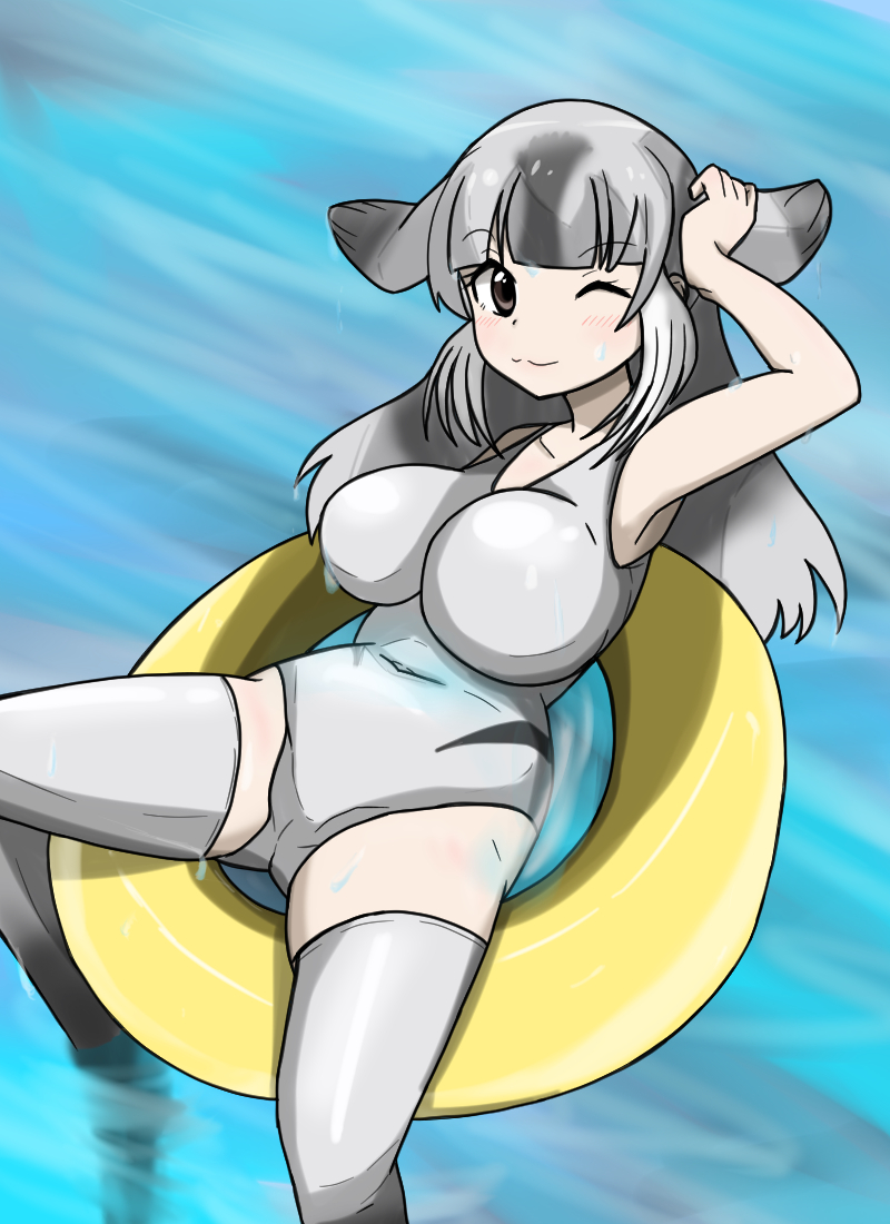 bangs bare_arms bare_shoulders bearded_seal_(kemono_friends) blush eyebrows_visible_through_hair fins grey_hair innertube kemono_friends long_hair multicolored_hair one-piece_swimsuit one_eye_closed swimsuit thigh-highs user_rrrm2784 water_drop